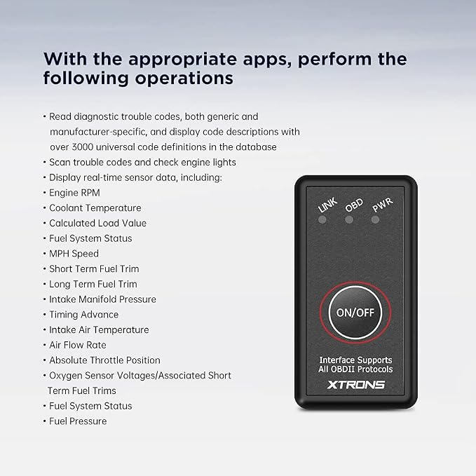 XTRONS OBD2 II Car Auto Diagnostic Tool Car Code Reader Check Engine with ON/Off Switch for Android Car Stereo Phone