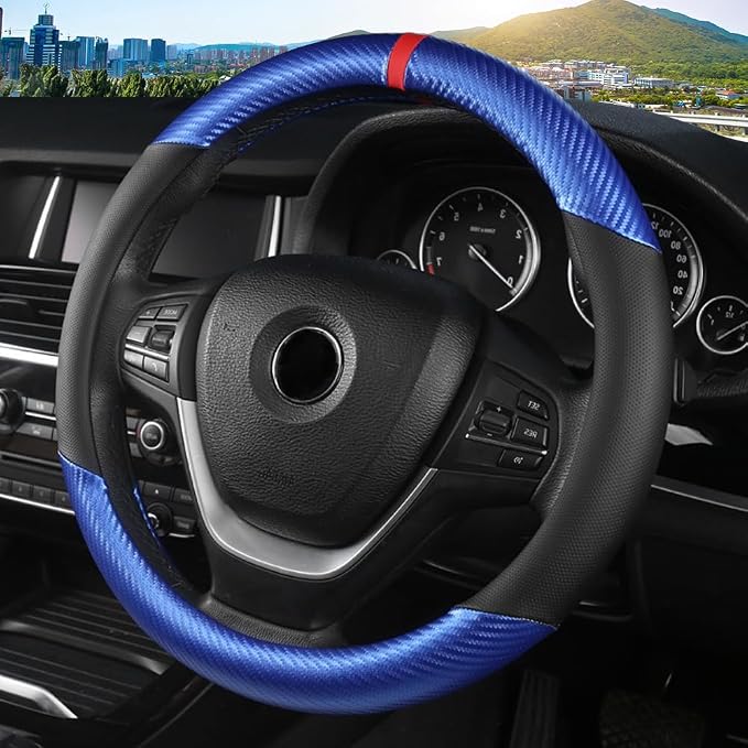 KAFEEK Carbon Fiber Steering Wheel Cover for Men, Car Accessories, Blue | Universal 15 Inch Sporty & Thin Cover, Anti-Slip Breathable Leather with Racing Red Center Stripe