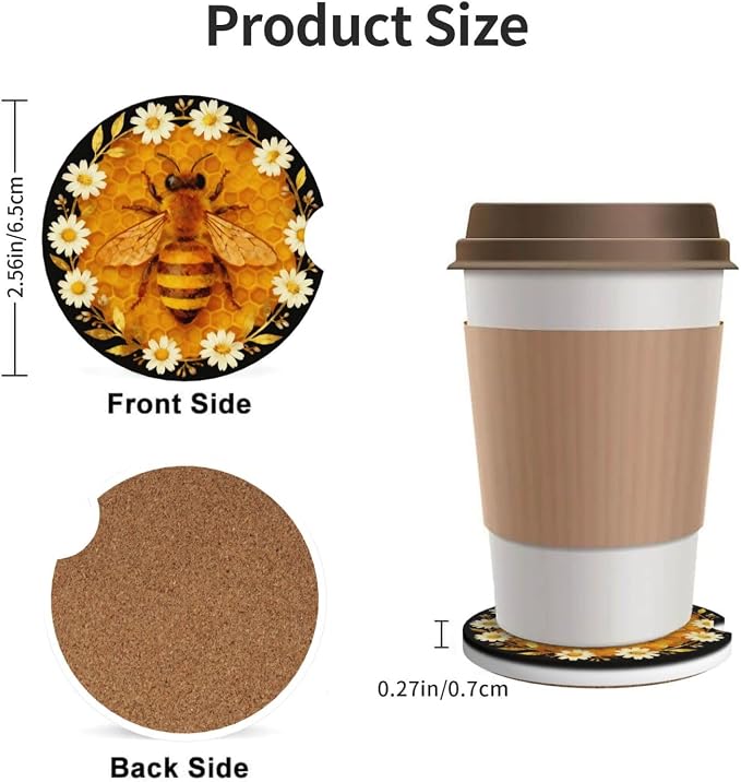 Bees Daisies Golden Honeycomb 2 Pack Car Cup Holder Coasters Absorbent Ceramic Drink Coasters 2.56" Anti Slip Cup Mat with Cork Base and Finger Notch Auto Accessories Interior for Women Men