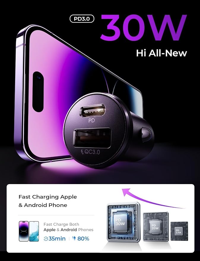 LISEN USB C Car Charger Adapter [2 Pack] [Mini & Metal] Cigarette Lighter USB Charger Fast Charging [PD QC 3.0] USBC Car Phone Charger for iPhone 15 Pro Max Plus 14 Samsung Galaxy S23 iPad Pro, Purple | Cigarette Lighter Charger, USB C Car Charger Fast...