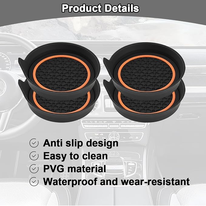 HZEL Car Cup Holder Coasters, 4PCS Non Slip Waterproof Vehicle Water Bottle Pads, Recessed Automotive Interior Drink Mat Decoration Accessories, Universal for SUV Sedan Truck (Orange/Black)
