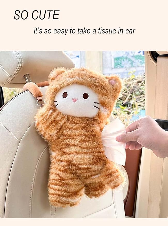 Tissue Box Cover Plush Tissue Box Holder for Car, Home, Decorative Holder/Organizer for Bathroom Vanity Countertop, Nightstands, Office Desk-Orange Cat