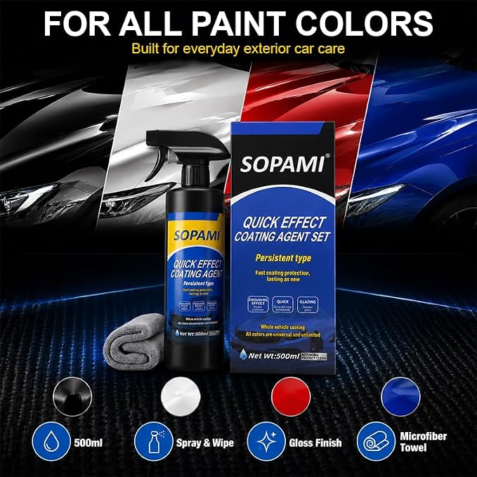 Sopami Ceramic Spray Coating, High Shine Car Wax, 3-in-1 Car Detailer | Waterless Car Wash, Long-lasting Hydrophobic, High Gloss Shine, for Window Glass, Wheels, Trim,17.5 oz with Towel (Pack of 3)