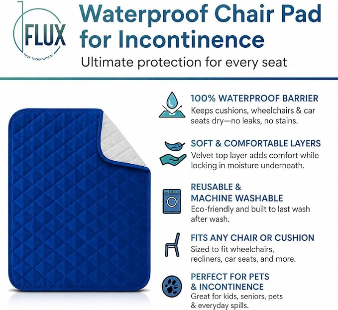 Flux Troy Technologies - Waterproof Chair Pads for Incontinence - 4 Pack | For Wheelchair, Furniture, Bed, Car, Kids & Pets - Absorbent & Non-Slip - Reusable & Washable - Made in USA - 22” x 21” -Blue