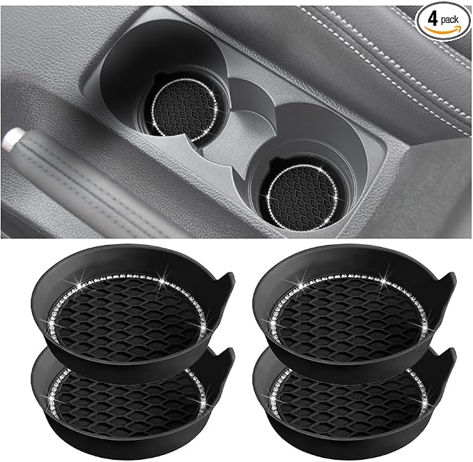 4PCS Bling Car Cup Holder Coaster, Crystal Rhinestone Insert Dustproof Non-Slip Drink Cup Mat, Diamond Shockproof Auto Interior Water Bottle Pad Cushion Coaster, Universal Fit (Black)