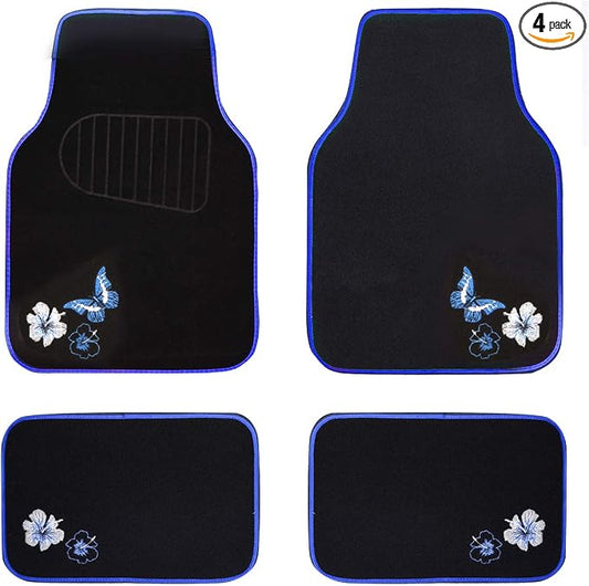 CAR PASS Universal Fit Embroidery Butterfly and Flower Car Floor Mats, Blue Car Floor Mats Fit 95% Automotive,SUVS,Sedan,Vans,for Women,Girly,Set of 4 (Black with Blue)