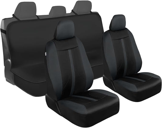 Motor Trend Front & Rear Car Seat Covers Full Set - Charcoal Cloth Bucket Seat Covers for Front Seats + Waterproof Rear Split Bench Cover – Universal Fit for Car Truck SUV Van Interior Protection