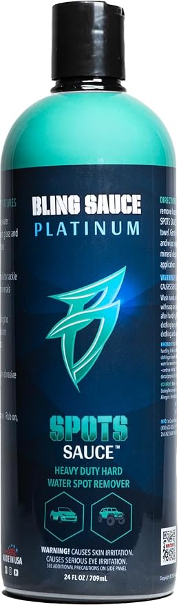 Bling Sauce Platinum Spots Sauce, Heavy-Duty Hard Water Spot Remover for Cars, Trucks, SUVs, 24oz. | Heavy duty mineral deposit remover clings to glass, chrome, paint and polished metal to dissolve hard water spots safely