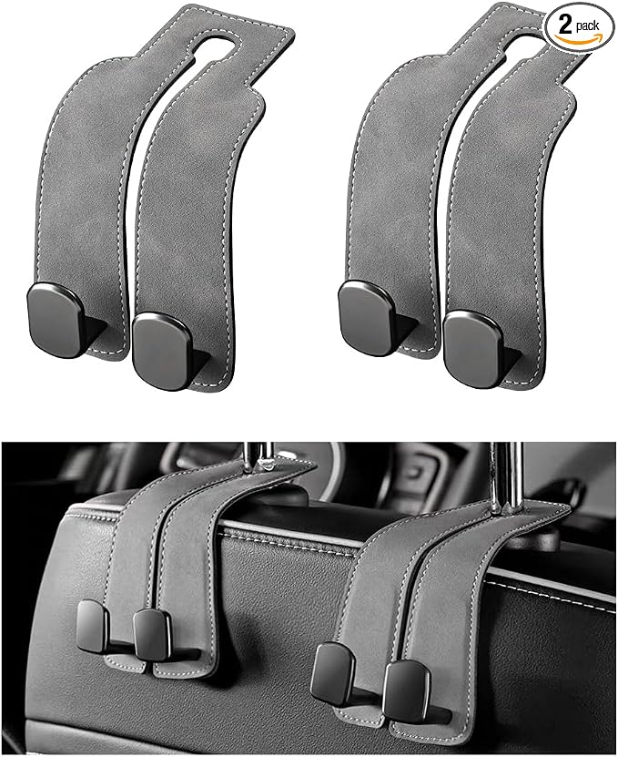 2 PCS Car Seat Headrest Hook, Back Seat Hanger with Double Flexible Leather Hooks, Soft Leather Double Headrest Metal Hooks Purse Handbag Organizer, Car Accessories (Gray)