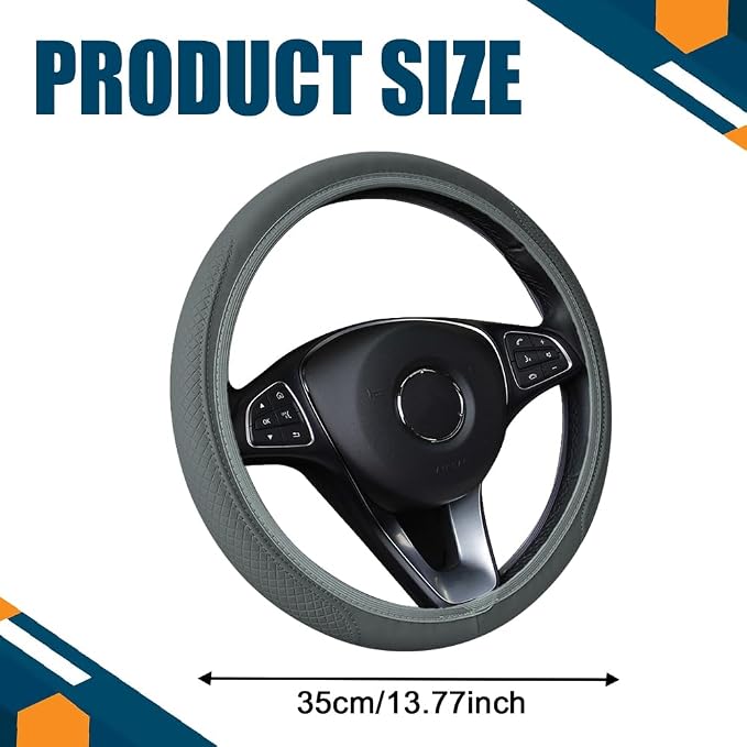 Car Steering Wheel Cover, Universal 14.5-15 Inch Grey Leather Steering Wheel Wrap with Better Sport Grip for Men Women, Anti-Slip Breathable Car Interior Accessories for Most Vehicles (Grey2)