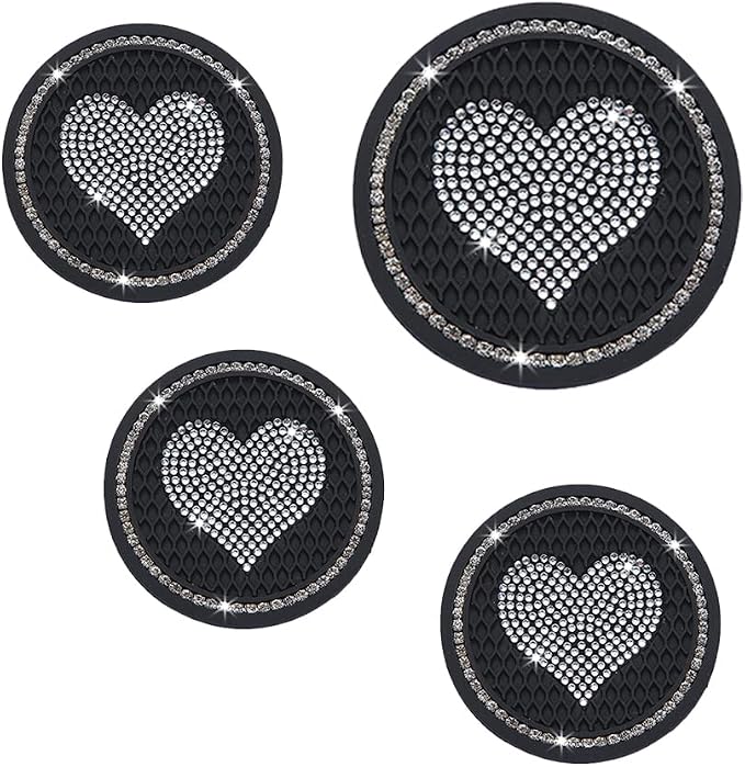 Car Coasters for Cup Holders, 2.75 Inch Auto Cup Holder Insert Coasters Silicone Anti-Slip Crystal Rhinestone Cute Drink Car Cup Mat, 4PSC Bling Car Accessories for Women & Lady (Heart Black)