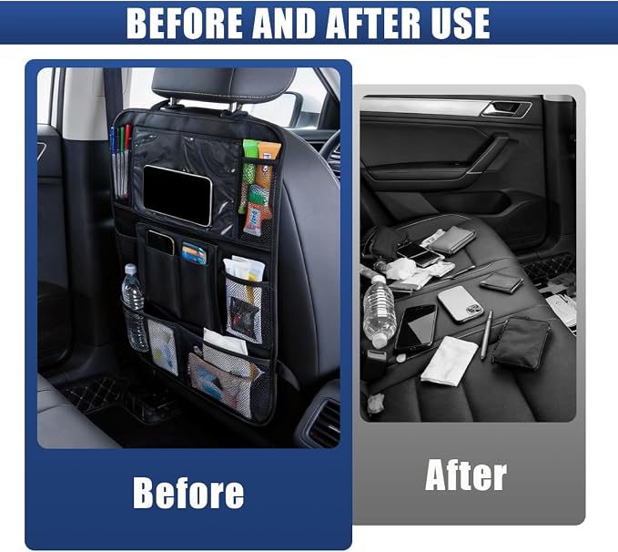 Craedli Car Backseat Organizer, Oxford Cloth Auto Seat Kick Mats with Clear Tablet Holder & 9 Pockets, Waterproof Back Seat Protector, Universal Car Road Trip Storage Essential (2PCS)