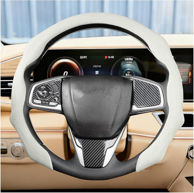 Car Steering Wheel Cover, Soft Brethable Suede Non-Slip Vehicle Steering Wheel Protector, Comfortable Sporty Auto Interior Protection Accessories, Universal for Truck SUV Van (Apricot White)