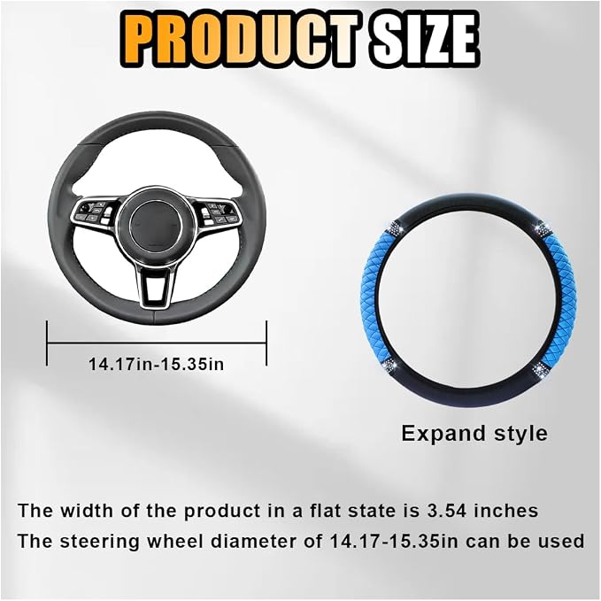 JOYCOURT 15 Inch Bling Soft Leather Car Steering Wheel Cover, Blue | Colorful Rhinestones Design, Auto Elastic Protector for Women Girls, Crystal Diamond Car Accessories for Most Cars, SUVs