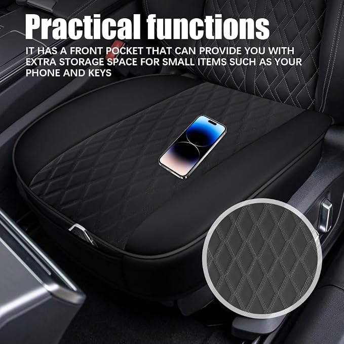 Leather Front Car Seat Cover, Anti-Slip Car Seat Bottom Covers, Full Wrapped Bottom Seat Protectors with Storage Pocket, Universal Comfortable Seat Cushion Fit Vehicles SUVs Trucks (Black)