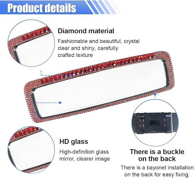 Bling Car Rear View Mirror, Clip-On Rhinestone Car Rearview Mirror with Crystal Diamonds, HD Glass Auto Interior Rear View Mirrors, Auto Decoration Accessories for Women Men Teens (Red)