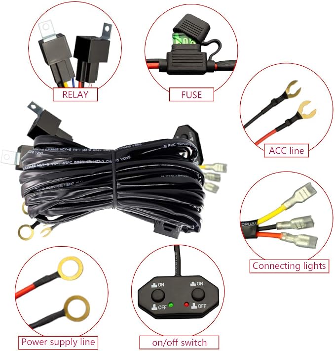 Double Color/High Low Beam Wiring Harness Kit DC12V Maximum 300W 40A LED Lights Wiring Harness Switch Relay 14AWG Core Cable Harness for Car Fog Lights Work Driving Lights Bar