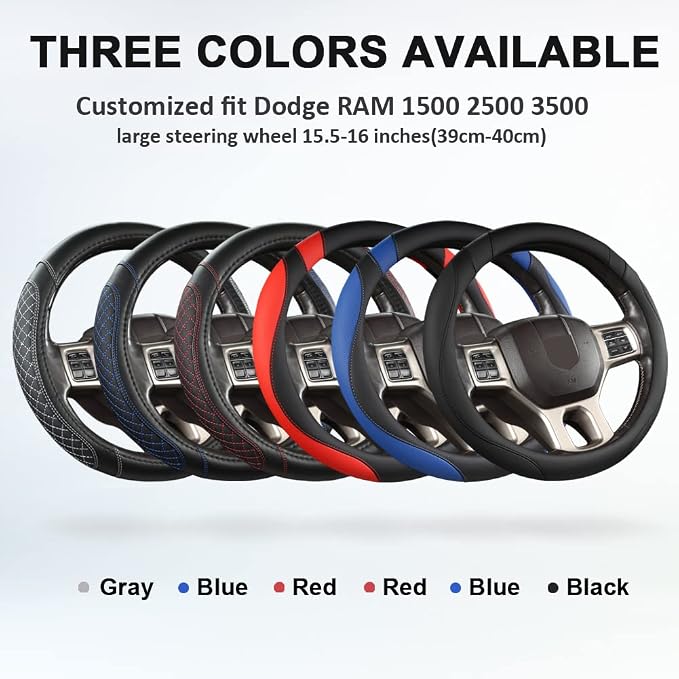 West Llama Customized Auto Car Steering Wheel Cover for Dodge RAM 1500 2500 3500, 15.5-16 inch (Diamond Quilted-Black+Blue-Large Size)