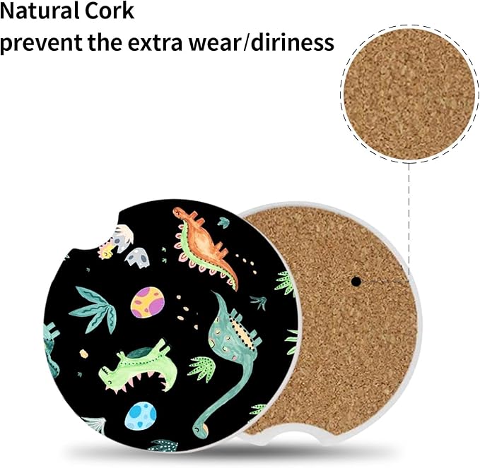 Cute Dinosaur Graffiti Ceramic Cup Holders - Pack of 2, Keep Cup Holders Clean and Dry, Drink Cup Car Holder Coasters with A Finger Notch