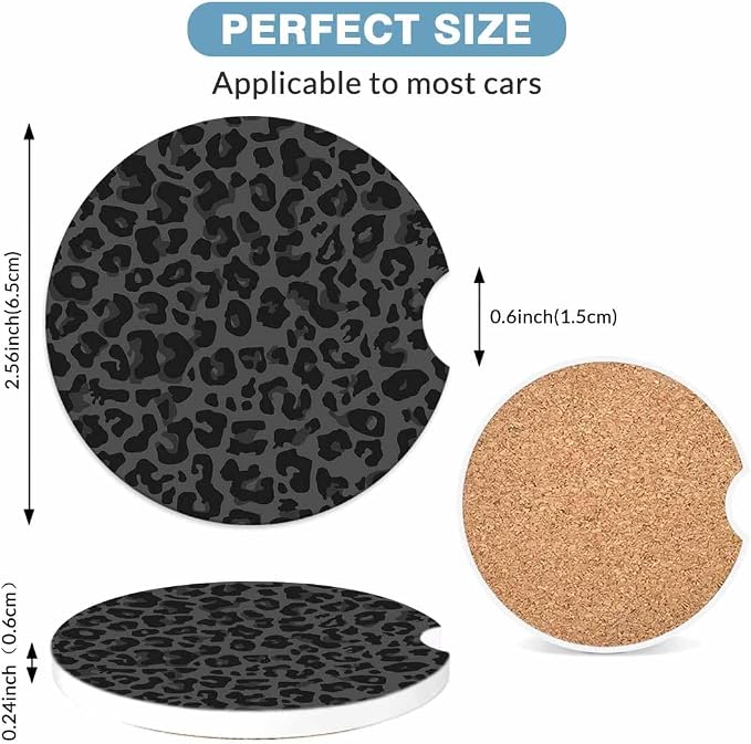 Leopard Skin Spots Car Cup Holder Coaster 2 Pack Absorbent Ceramic Car Coasters for Cup Holders Car Accessories Interior for Women Men Universal Anti Slip Cork Base Cup Coasters with Finger Notch