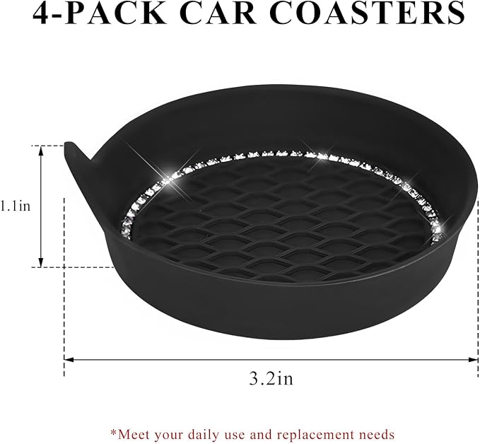 Sun Walker 4 PCS Bling Car Cup Holder Coaster, Non Slip Sparkly Rhinestone Cup Holder Pad Insert Coaster, Shockproof Silicone Shiny Embedded Drink Mat Interior Decor for Most Vehicles (Black)