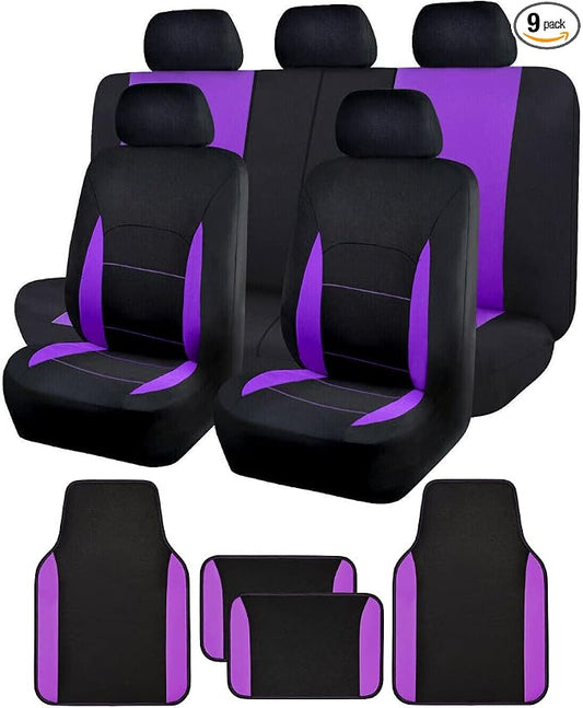 Flying Banner Car Seat Covers Front Seats Rear Bench Polyester car seat Protectors Easy installations Rear Bench Split Classic man Lady Truck (Full Set - Low Back - Combo Pack, Black Purple)