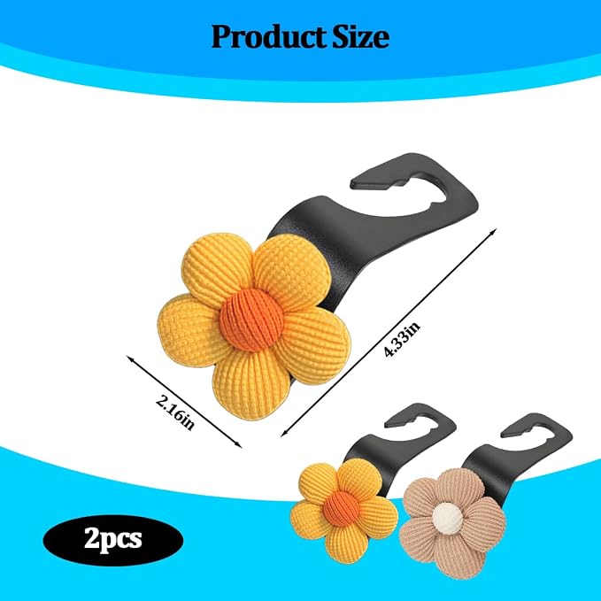 2PCS Car Seat Headrest Hook, Cute Flower Vehicle Backseat Purse Handbag Storage Hanger, Floral Auto Seat Back Holder Hook for Coat Umbrella Grocery, Universal for Vehicles (Brown/Yellow)