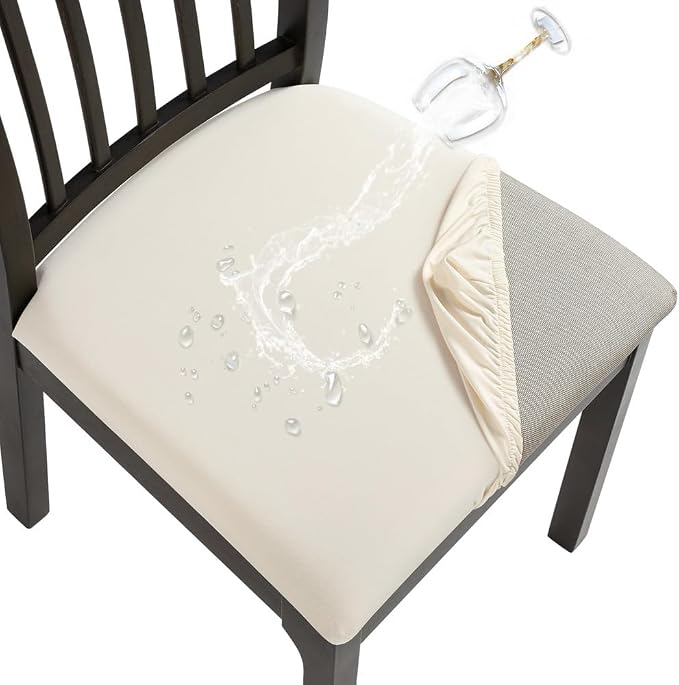 SearchI Cool Fabric Seat Covers for Dining Chairs, 4 Pack Water Repellent Dining Room Chair Seat Covers, Kitchen Chair Seat Covers Protectors(Beige)