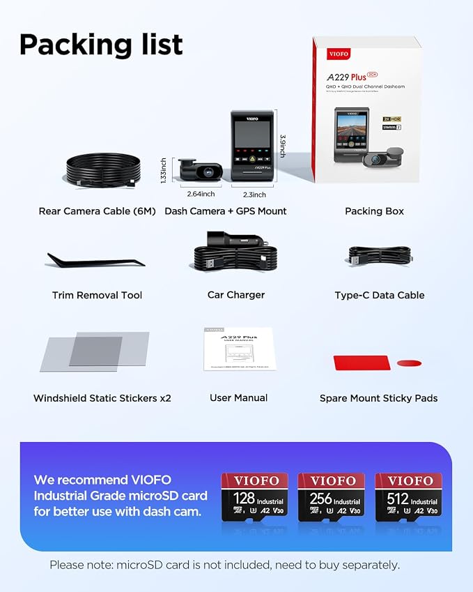 VIOFO A229 Plus Dash Cam Front and Rear, 2K Dual STARVIS 2 Sensors & HDR | 1440P+1440P Car Dash Camera, 5GHz Wi-Fi, Smart Voice Control, Ultra-Precise GPS, Built-in Supercapacitor, 24H Parking Modes