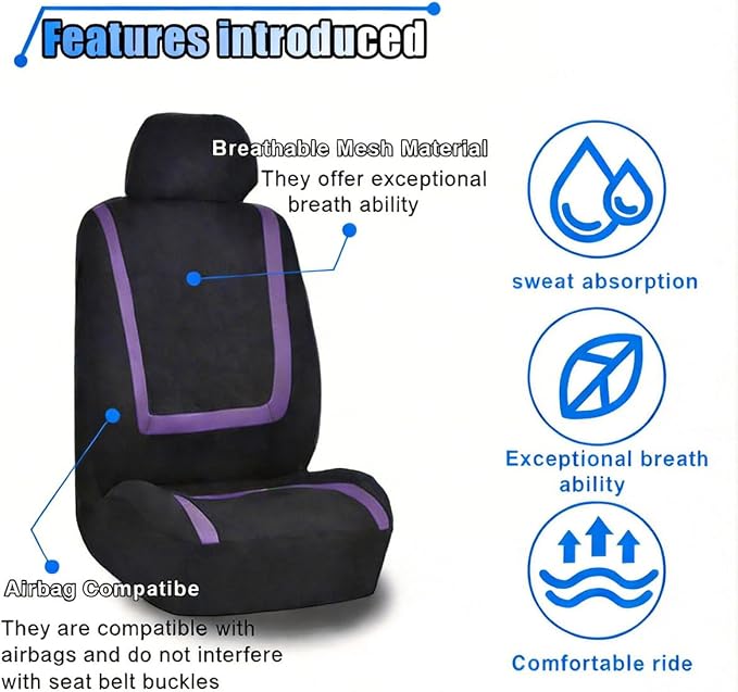 LAINLOY 2 Pack Car Seat Covers, Breathable Seat Protectors, Anti-Slip Driver Seat Cover, Comfortable Front Seat Cover Set Universal Fit for Truck, SUV, Sedan, Airbag Compatible (Black&Purple)
