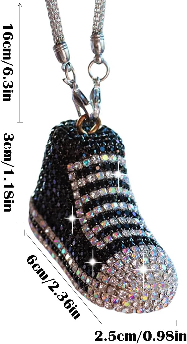 Bling Sneaker Shoe Sparkly Car Hanging Ornament, Cute Crystal Rear View Mirror Pendant, Diamond Rearview Mirror Charms, Lucky Car Interior Decor Accessories (Black)