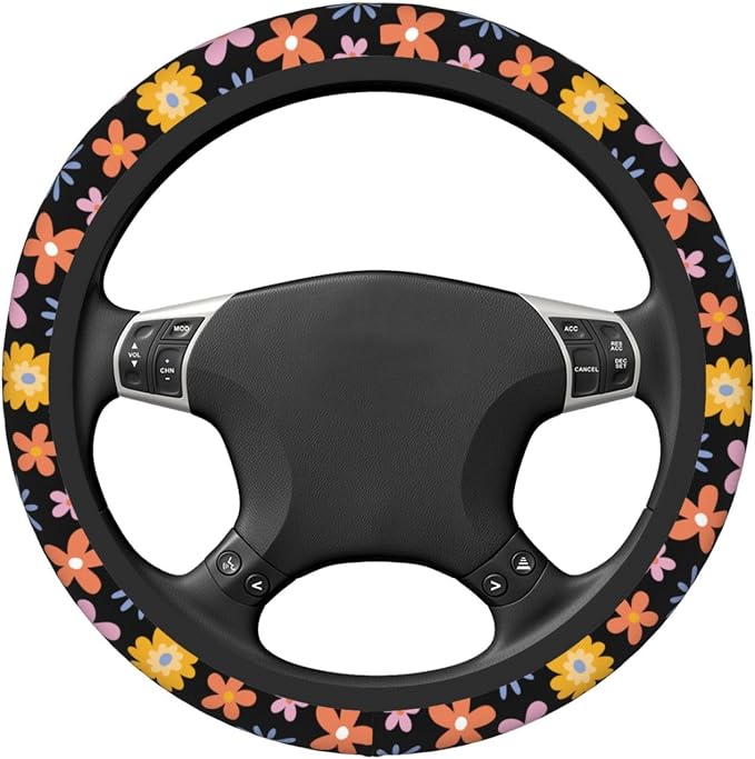 Vintage Daisy Neoprene Steering Wheel Cover Anti-Slip Elastic Flower Floral Steering Wheel Protective Cover 15in Universal Car Accessories Fit Cars, SUVs, Auto