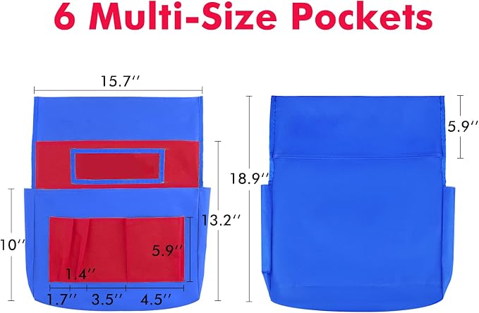 Chair Pockets for Classrooms, 15.7" × 18.9" – 6 Pockets Chairback Storage Organizer with Name Tag Window, Student Desk & Seat-Back Management for Books, Folders & School Supplies, Red+Blue