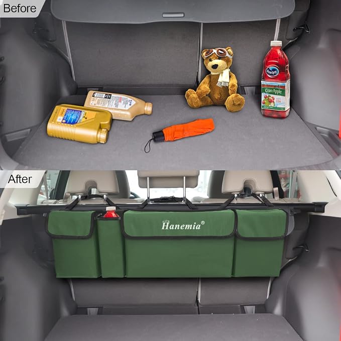 Car Trunk Organizer and Storage, Backseat Hanging Organizer for SUV, Truck, MPV, Waterproof, Collapsible Cargo Storage Bag with 4 Pockets, Car Accessories for Men and Women (Army Green) | 38.19x4.72x12.59 Inch, Universal fit, most SUVs/MPVs/Vans, Oxfor...