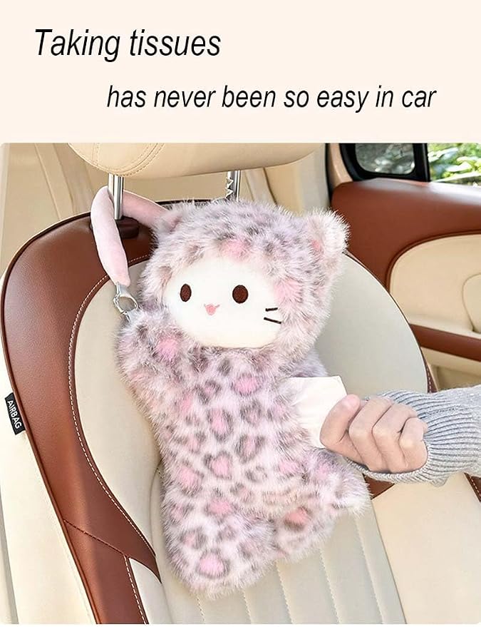 Tissue Box Cover Plush Tissue Box Holder for Car, Home, Decorative Holder/Organizer for Bathroom Vanity Countertop, Nightstands, Office Desk-Pink Leopard Cat