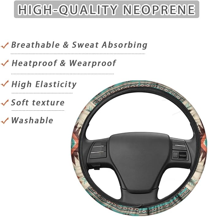 Wanyint Southwest Aztec Beige Cyan Auto Steering Wheel Cover for Women Men, Universal 15 Inch Soft Elastic Steering Wheel Wrap Anti-Slip Easy to Install Car Accessories