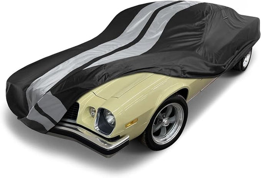 iCarCover Custom Car Cover Compatible with 1974-1981 Chevy Camaro Z28, Type LT, Waterproof All Weather Rain Snow UV Sun Protector Full Exterior Indoor Outdoor Car Covers, Stripe (Black/Gray)