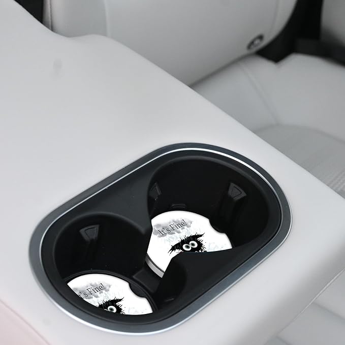 Cat hit by Lightning Absorbent Car Coasters for Cup Holders,2 Pack 2.56" Ceramic Coasters with Cork Back and Finger Slot, Auto Accessories for Women & Men,