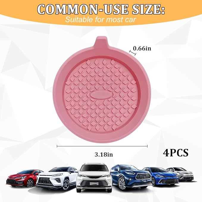 4PCS Car Cup Holder Coaster, Silicone Non-Slip Shockproof Vehicle Drink Cup Insert Mat, Dustproof Embedded Automotive Interior Water Bottle Pad, Universal for SUV Van Truck (Pink)
