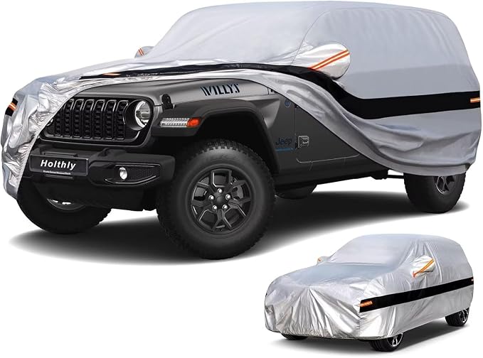10 Layers Car Cover Custom Fit for Jeep Wrangler 4Door 4dr, Waterproof All Weather for Automobiles, Outdoor Full Cover Sun Dust Rain Protection with Cotton. Silver