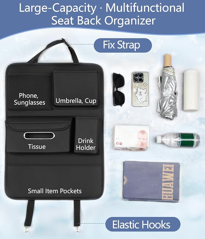 Backseat Car Organizer Including Tissue Holder, Car Interior Organization for Phone Sunglasses Cup Charger Umbrellas, Seat Anti-dirty Protection Pad, Multifunctional Leather Auto Accessories