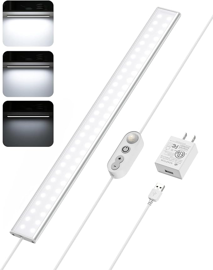 ASOKO 16" Motion Sensor Dimmable Led Under Cabinet Light Cool White | ASOKO 16 Inch Plug in LED Counter Light Bars, 6000K Cool White for Kitchen, Closet, Wardrobe, Shelf & Desk