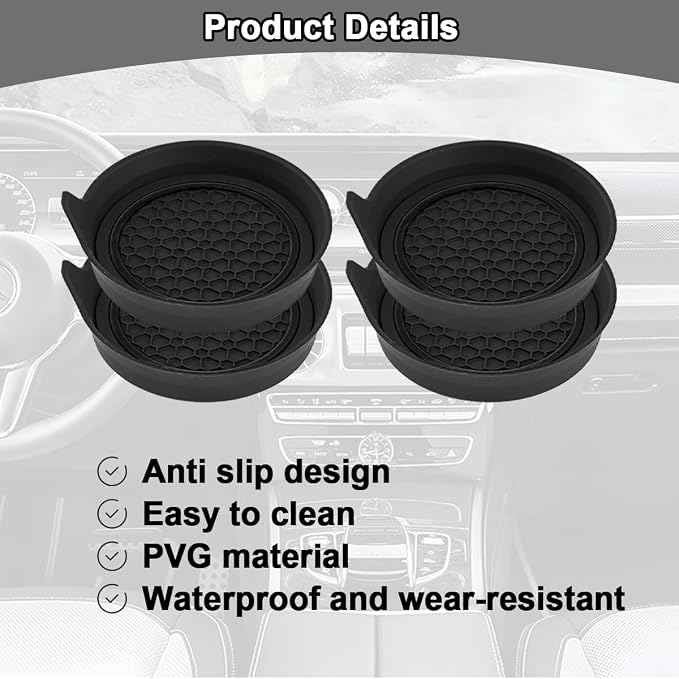 HZEL Car Cup Holder Coasters, 4PCS Non Slip Waterproof Vehicle Water Bottle Pads, Recessed Automotive Interior Drink Mat Decoration Accessories, Universal for SUV Sedan Truck (Black)