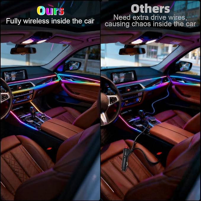 Acrylic Interior Car Ambient Lighting Kits, LED Strip Lights with Wireless APP, Neon Fiber Optic Lights Function LED Strip for Car with Music Modes (6 in 1)