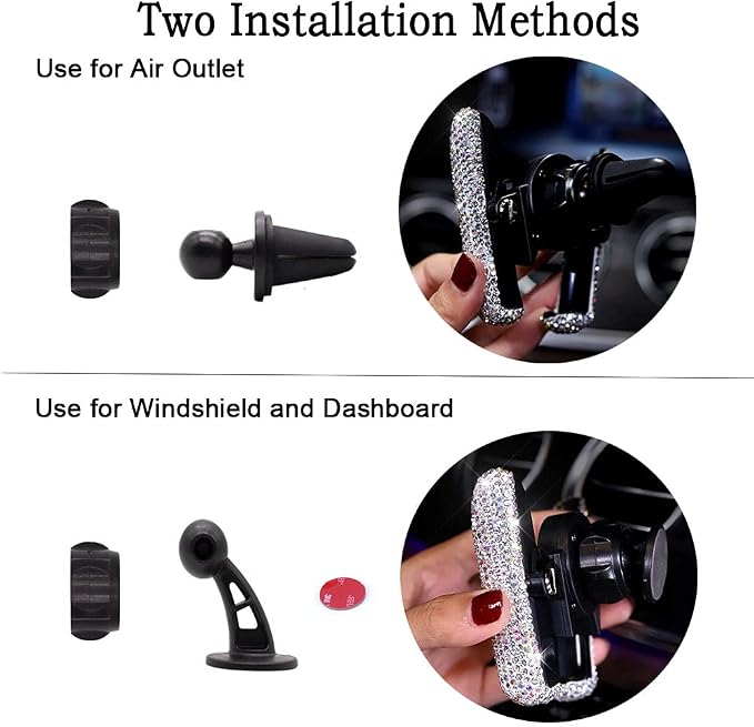 SUNCARACCL Black Bling Phone Holder for Car Vent, Mini Phone Mount | Universal 360 Degrees Adjustable Rhinestone Phone Stand,Bling Car Accessories for Women and Girls (Black Dimond)