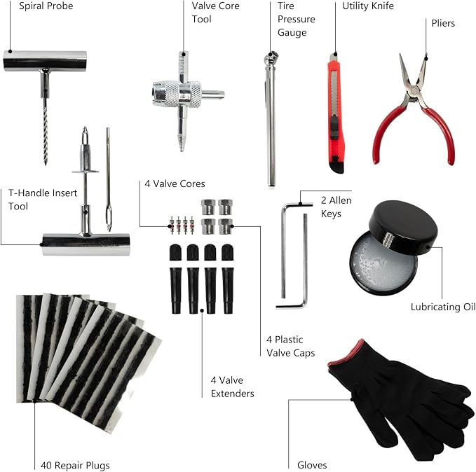 68Pcs Tire Repair Kit, Heavy Duty Professional Tire Plug Kit for Cars, Trucks, Motorcycles, RV, SUV, ATVs, Tractor, Trailer, Tubeless Flat Tyre Fix Tools Set with Storage Case