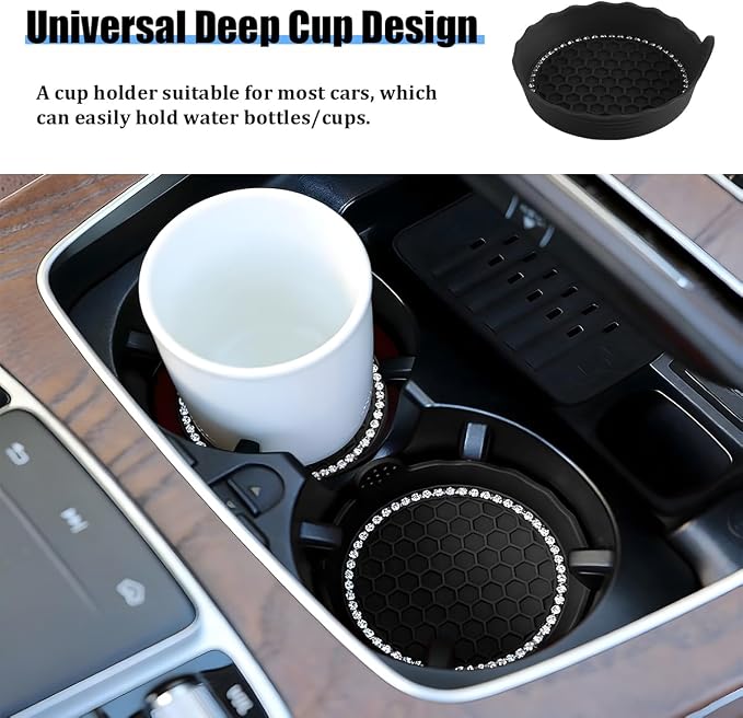 HZEL 4PCS Bling Car Cup Holder Coaster, Shiny Crystal Rhinestone Silicone Dustproof Drink Cup Insert Pad, Dazzling Automotive Interior Water Bottle Holder Embedded Mat, Universal Fit (Black)