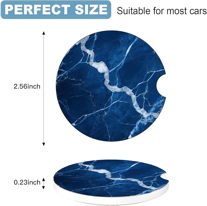 Car Cup Holder Coaster Set of 2, 2.56 in Ceramic Coasters, Scratch-Resistant Cork Backing, Finger Groove Design for Easy Placement, Cute Car Accessories Interior for Women (Dark Blue Marble)