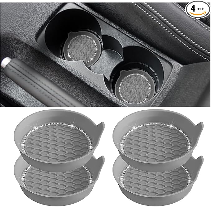 4PCS Bling Car Cup Holder Coaster, Crystal Rhinestone Insert Dustproof Non-Slip Drink Cup Mat, Diamond Shockproof Auto Interior Water Bottle Pad Cushion Coaster, Universal Fit (Gray)