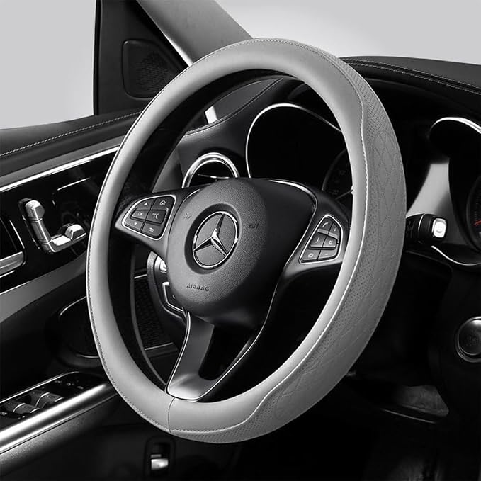 Gray Steering Wheel Cover, Modern Perforated Synthetic Leather with Odorless Rubber Inner, Universal Non-Slip Fit for a Sleek and Clean Car Interior (Gray)